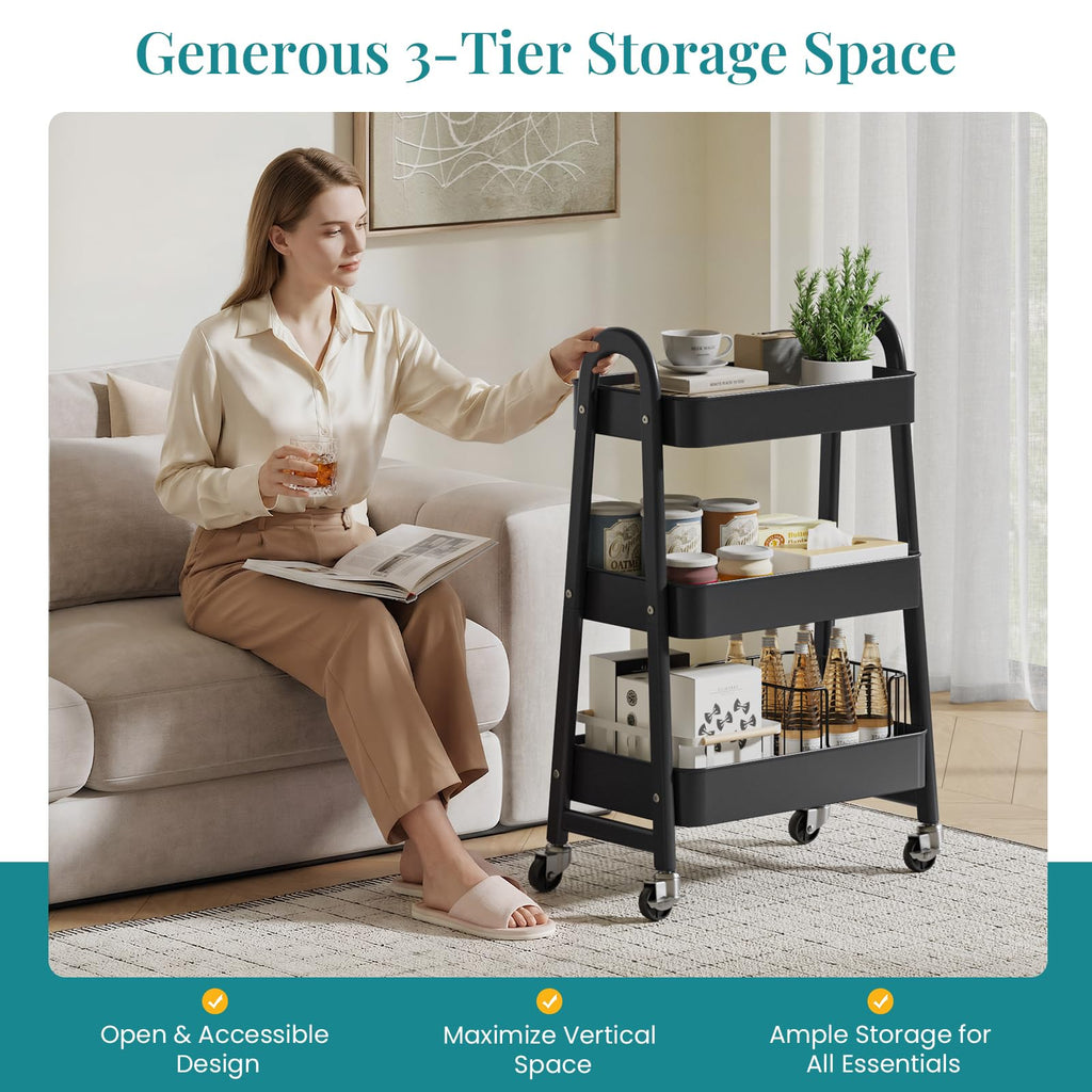 3-Tier Metal Rolling Utility Cart with Lockable Wheels T885
