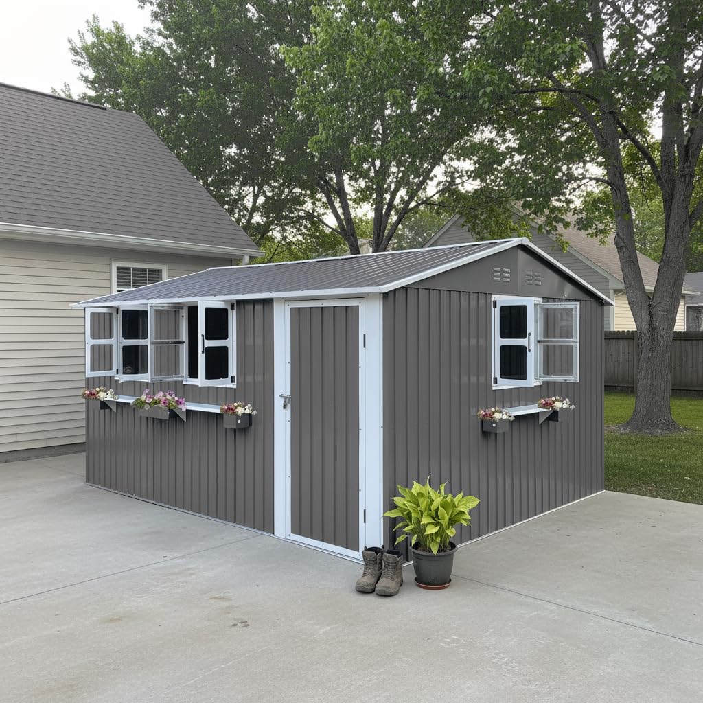 12x10 FT Grey Metal Storage Shed with Clear Windows E289