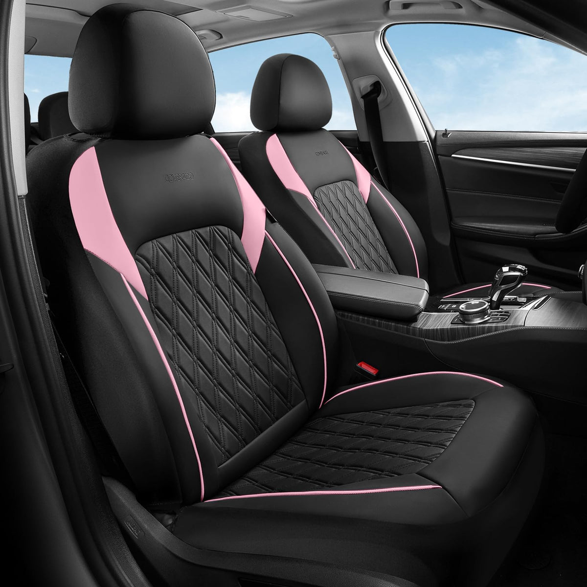 Black Pink Faux Leather Car Seat Covers Full Set O2526