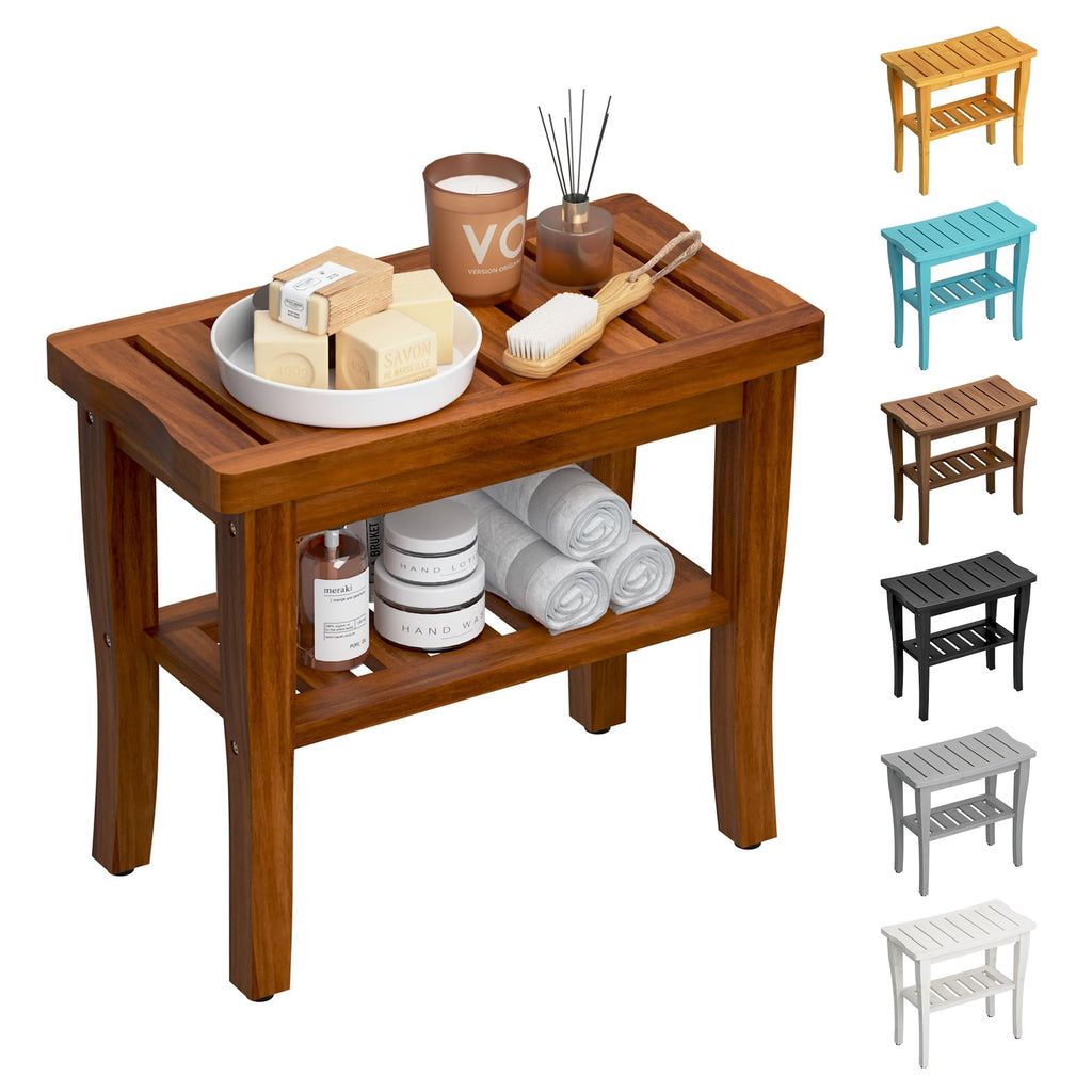 Teak Shower Bench Stool with Storage Shelf I625