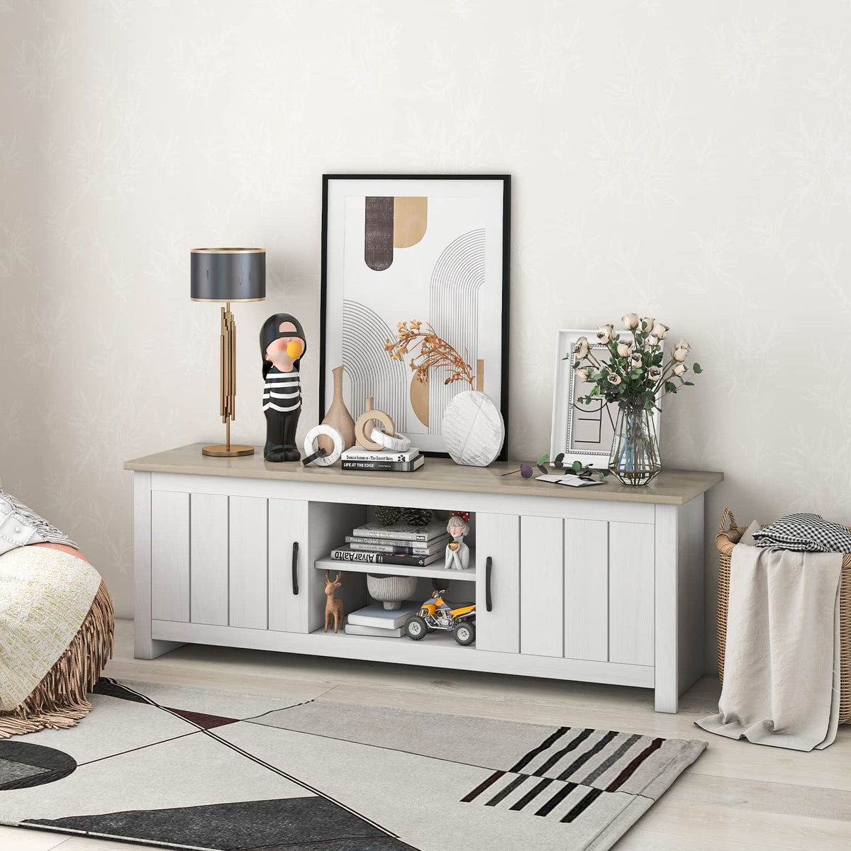 2 Doors TV Stand with 2 Cabinets & Open Shelves X648076