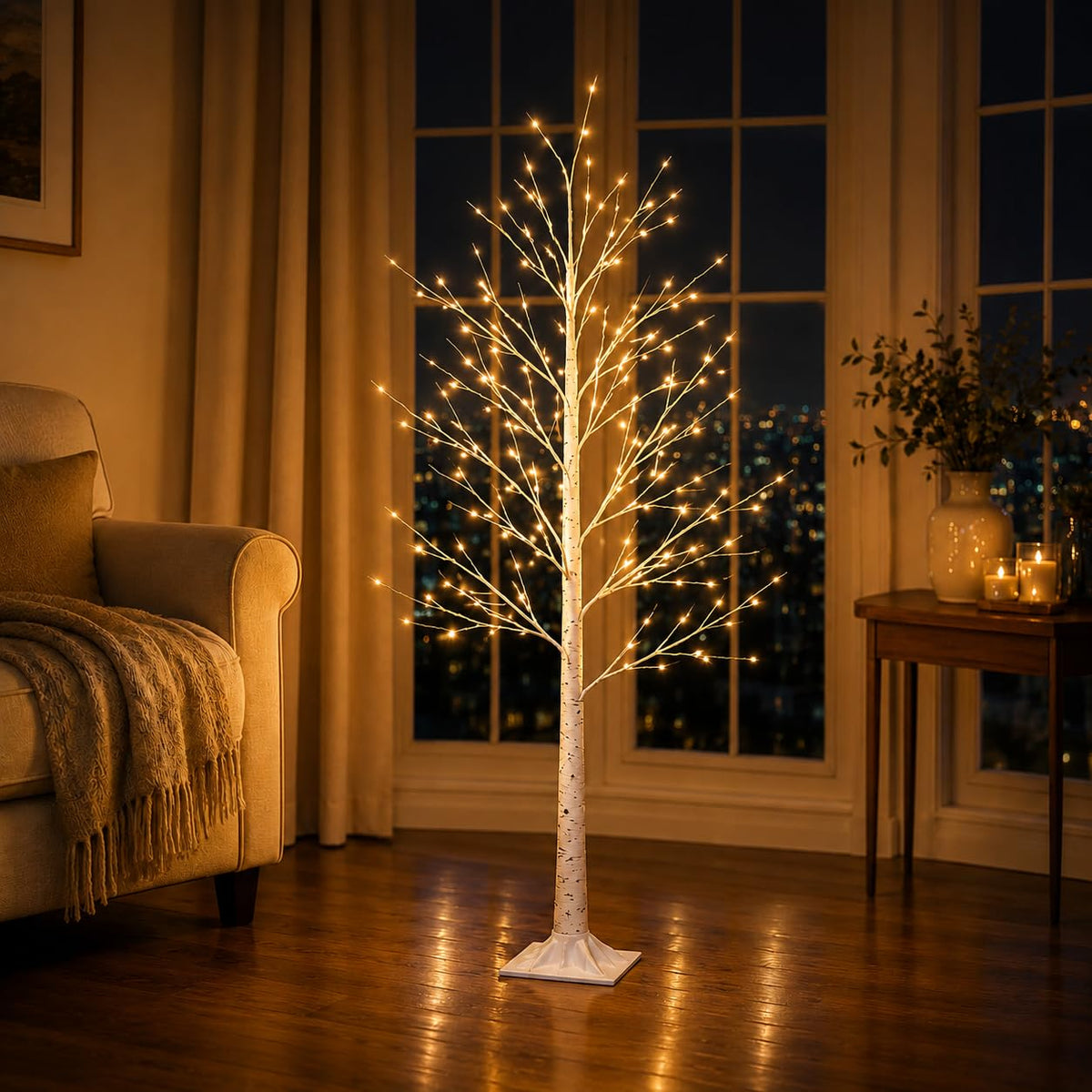 4FT 64 LEDs Birch Tree with Lights I69172