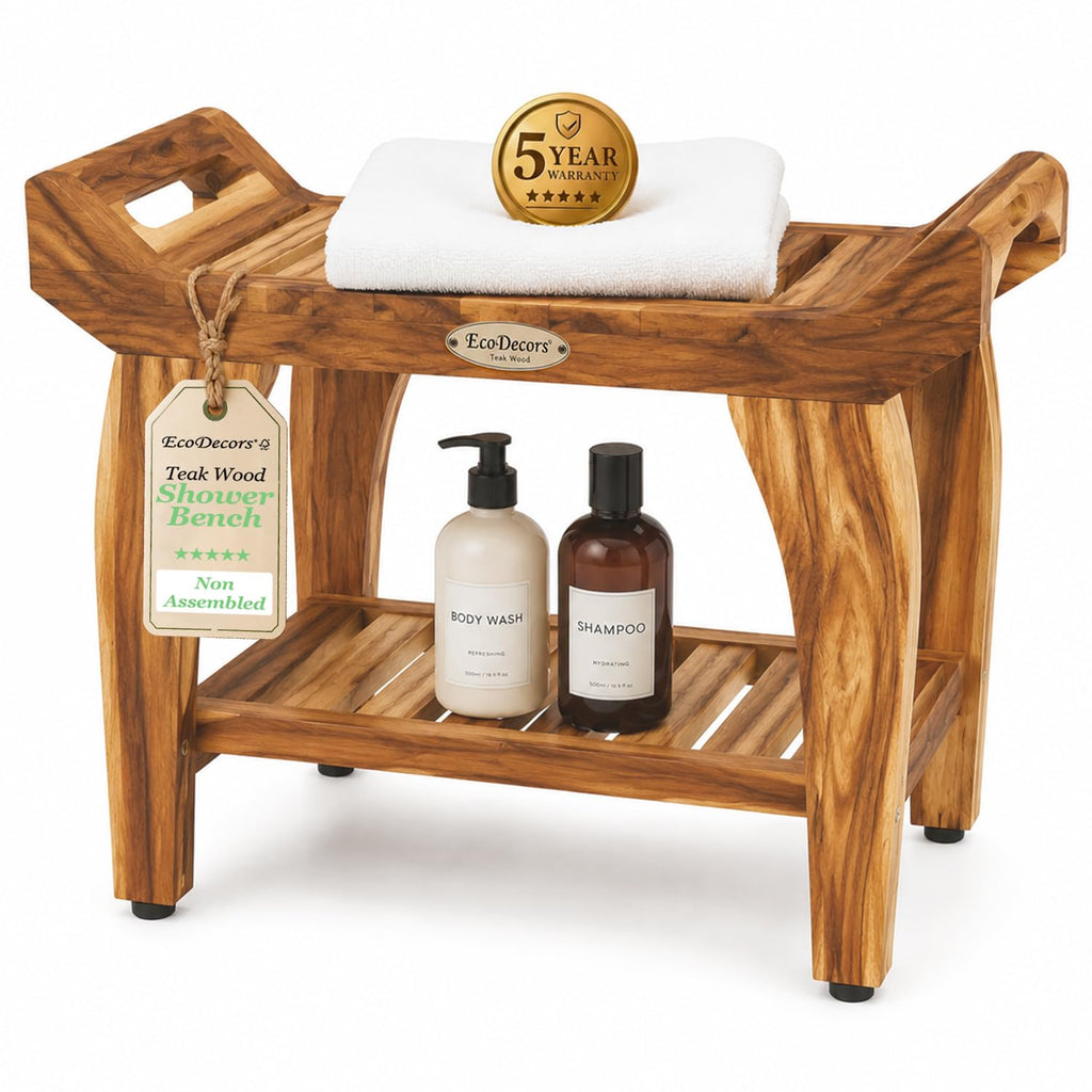 24" Teak Shower Bench with Arms & Storage Shelf V501