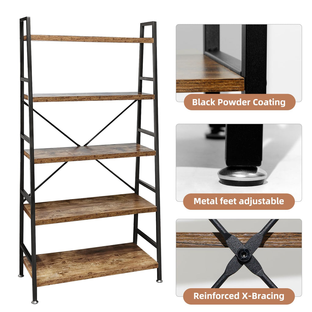 5 Tier Rustic Brown Wood and Metal Bookshelf P105928