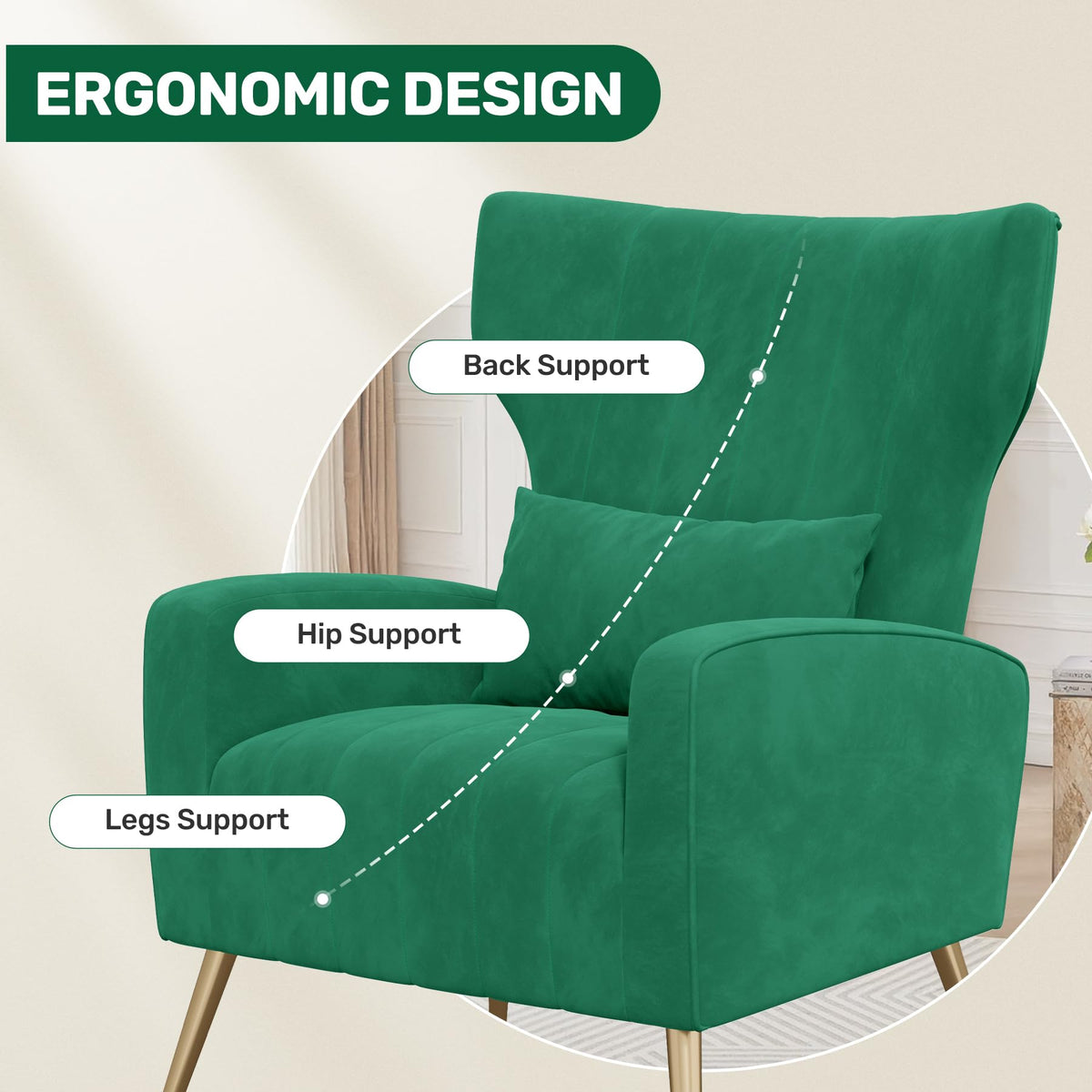 Velvet Accent Chairs Set of 2 High Back Armchair with Lumbar Pillow Green V50211