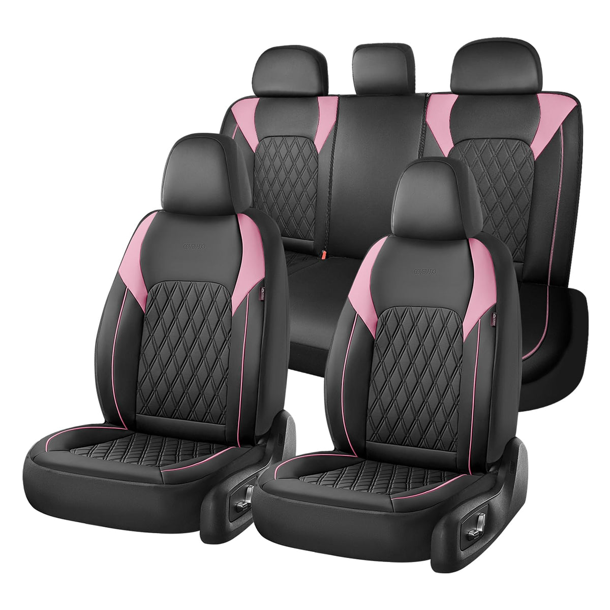 Black Pink Faux Leather Car Seat Covers Full Set O2526