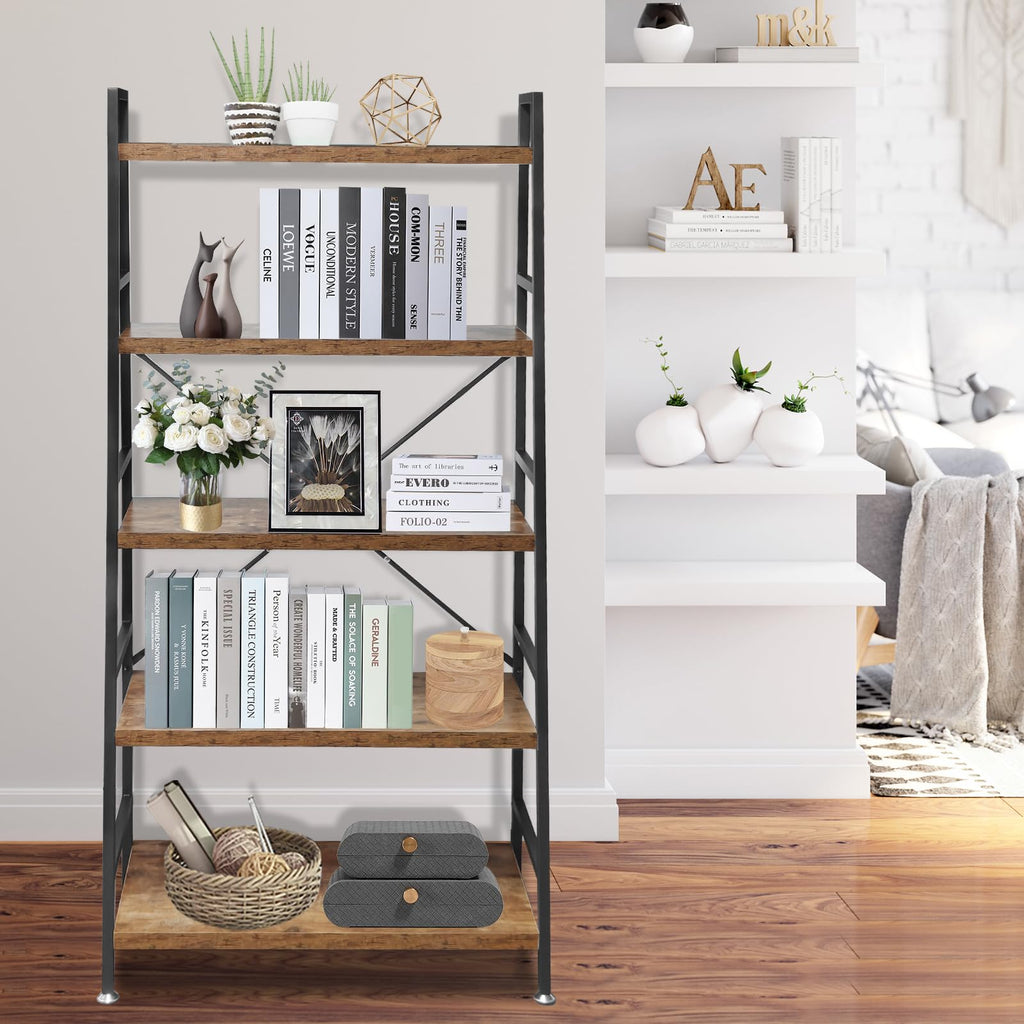 5 Tier Rustic Brown Wood and Metal Bookshelf P105928