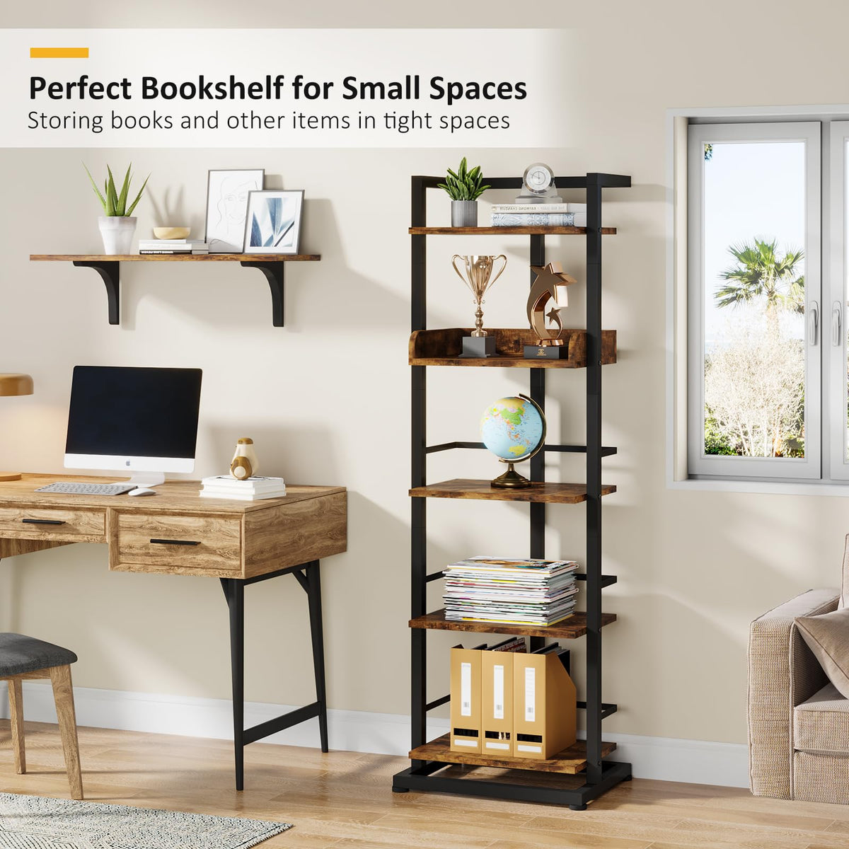 5 Tier Wood Bookcase with Metal Edge Protection D877214