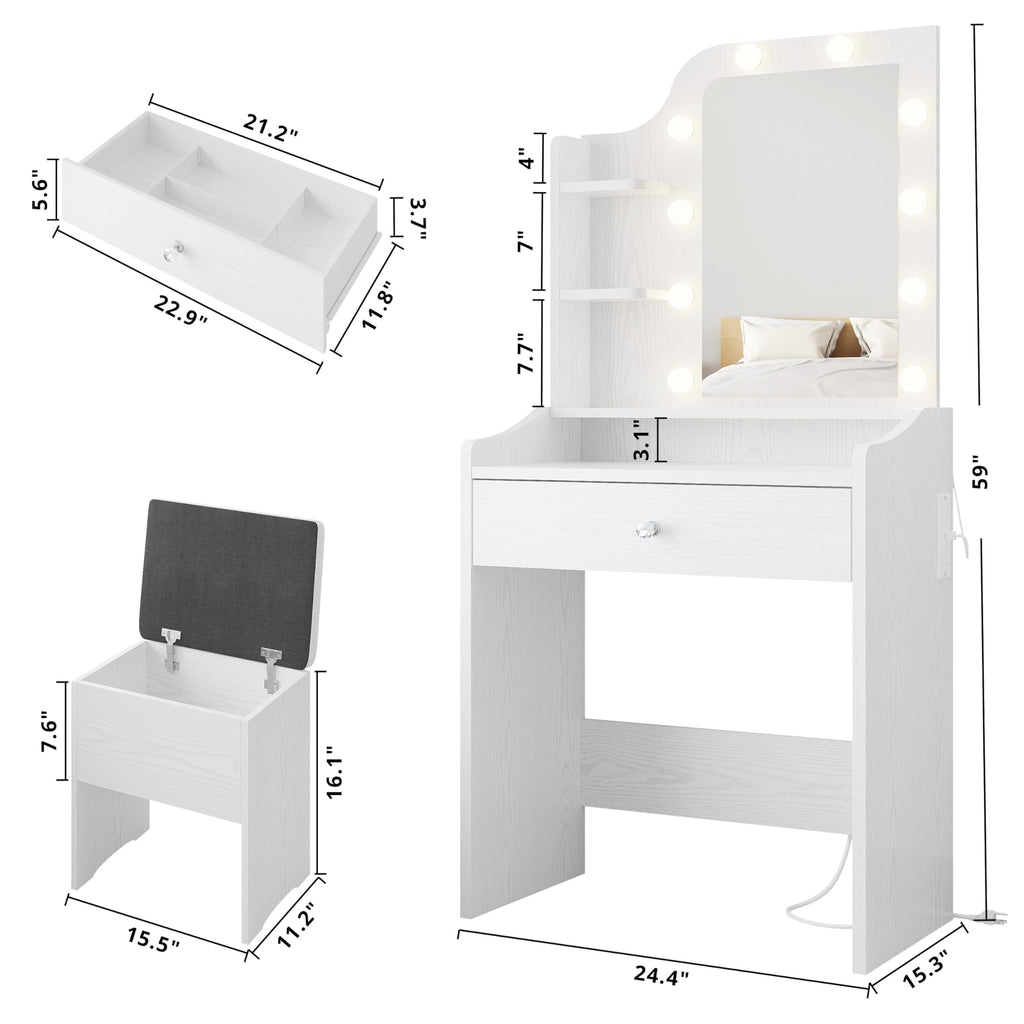 White Vanity Desk with Mirror and Storage Stool A8924
