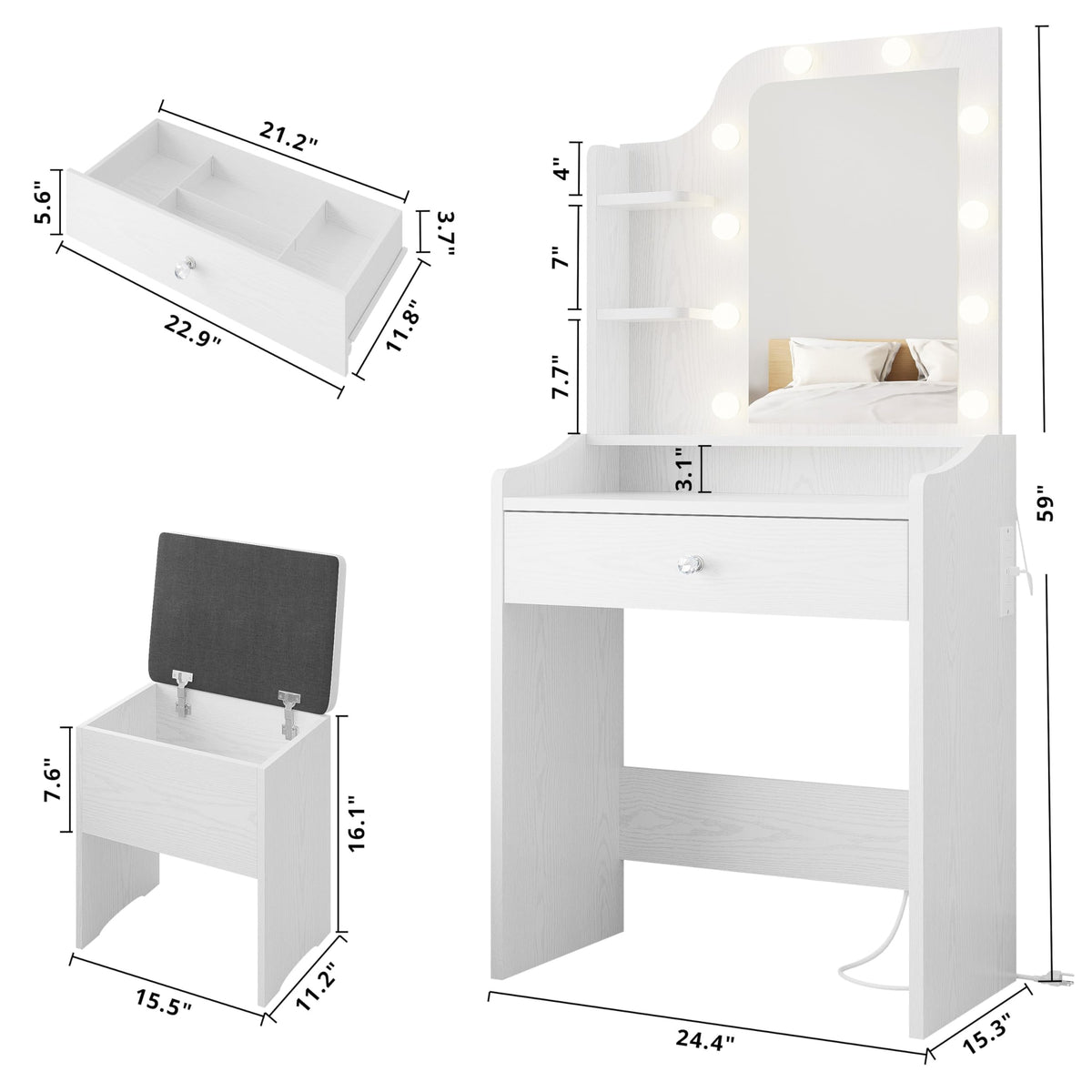 White Vanity Desk with Mirror and Storage Stool A8924