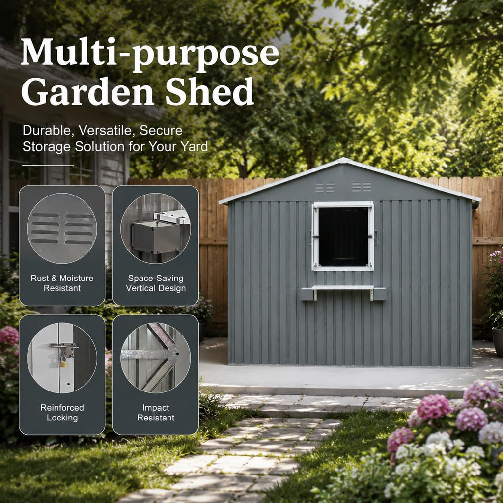 12x10 FT Grey Metal Storage Shed with Clear Windows E289