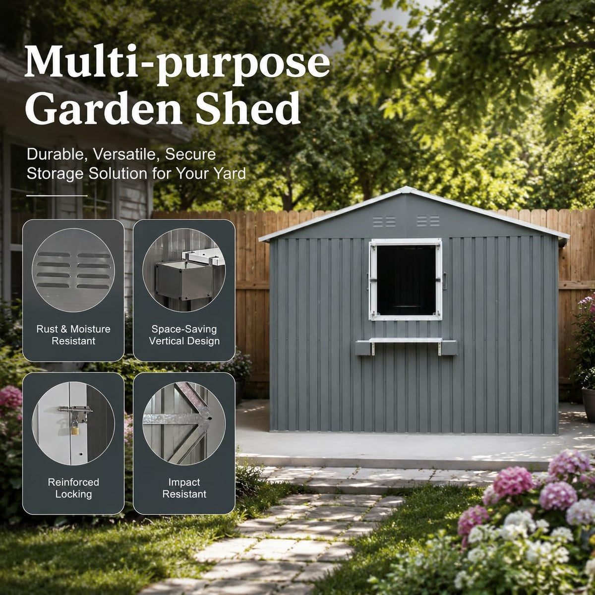 12x10 FT Grey Metal Storage Shed with Clear Windows E289