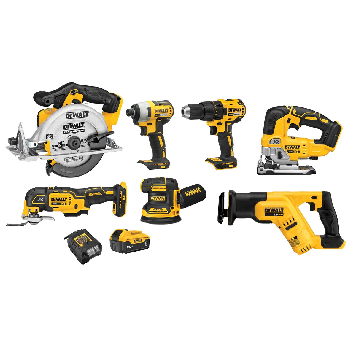 20V MAX 7-Tool Combo Kit with Cordless Drill, Impact Driver, Reciprocating Saw, Circular Saw, Oscillating Tool, Random Orbital Sander, Jigsaw, 5Ah Battery and Charger Q8021