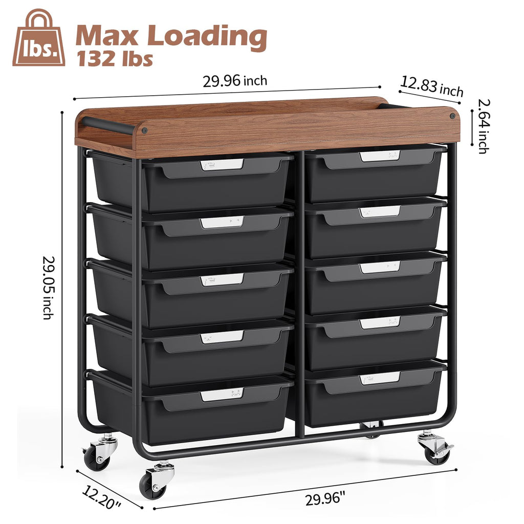 10 Drawer Rolling Storage Cart with Wooden Tabletop I299772