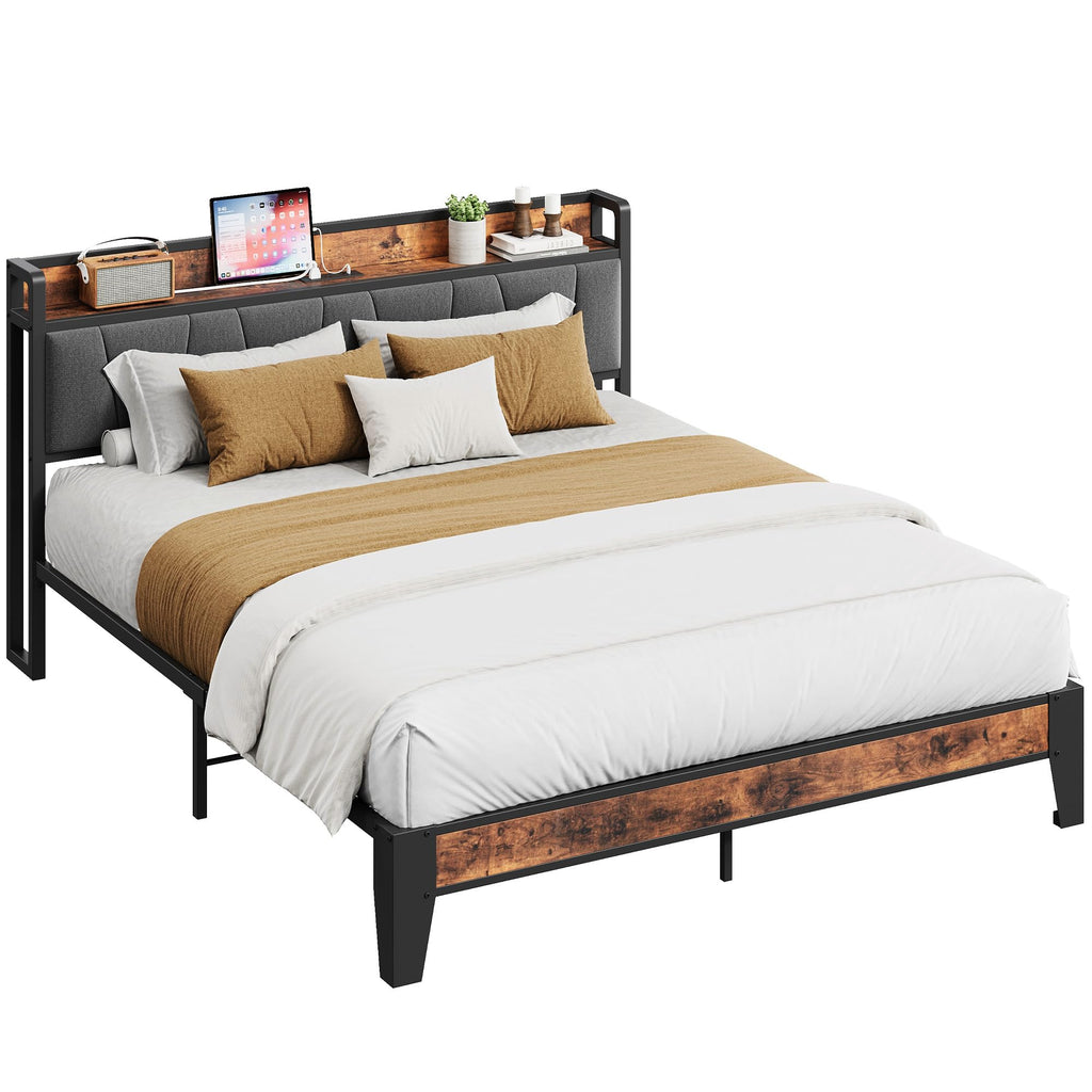 Queen Size Bed Frame with Storage Headboard and Charging Station F440066