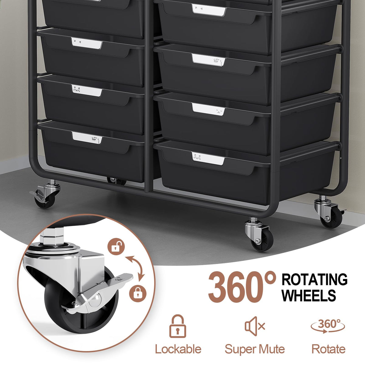 10 Drawer Rolling Storage Cart with Wooden Tabletop I299772