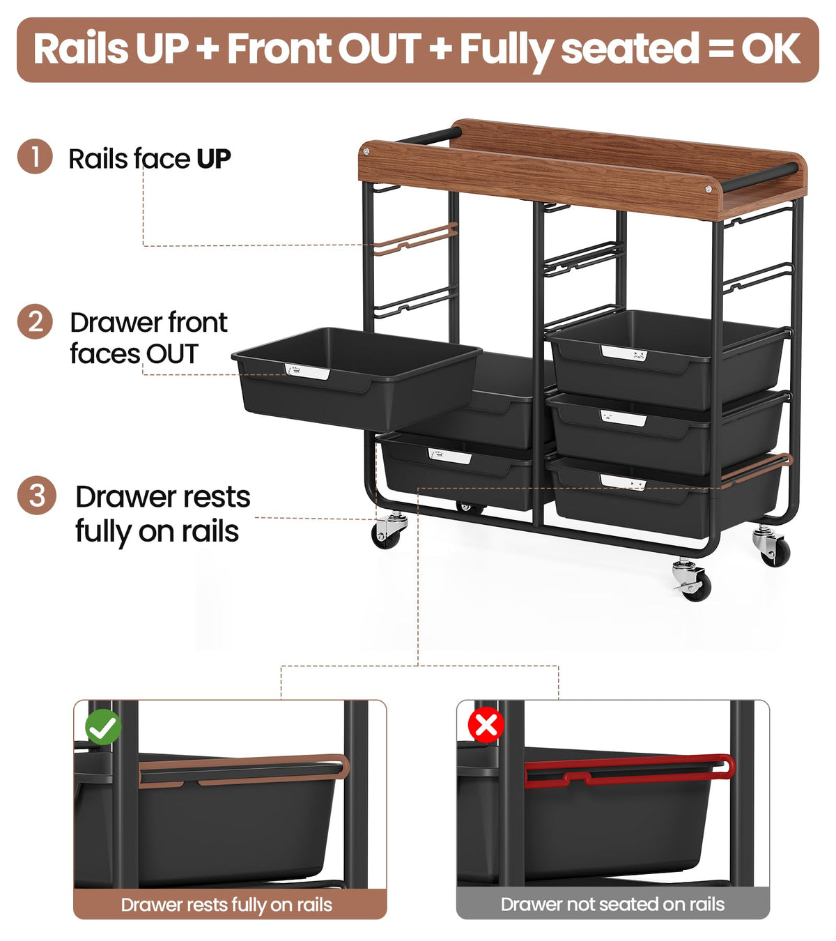10 Drawer Rolling Storage Cart with Wooden Tabletop I299772