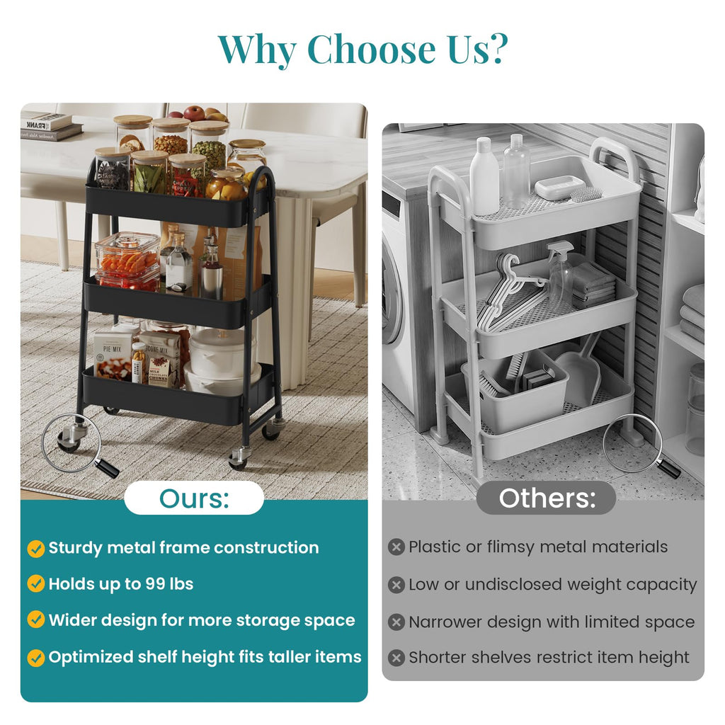 3-Tier Metal Rolling Utility Cart with Lockable Wheels T885