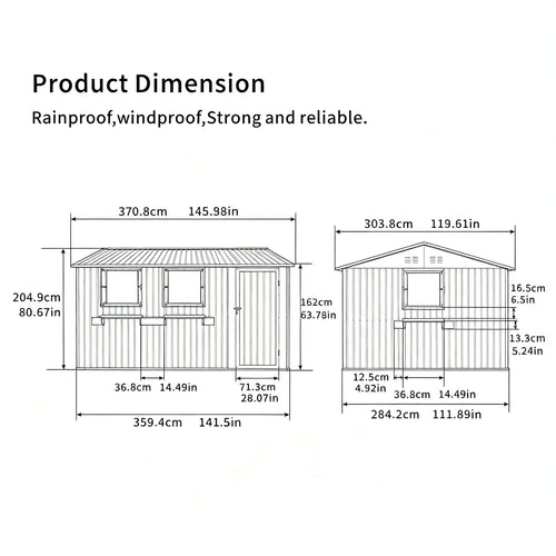 12x10 FT Grey Metal Storage Shed with Clear Windows E289