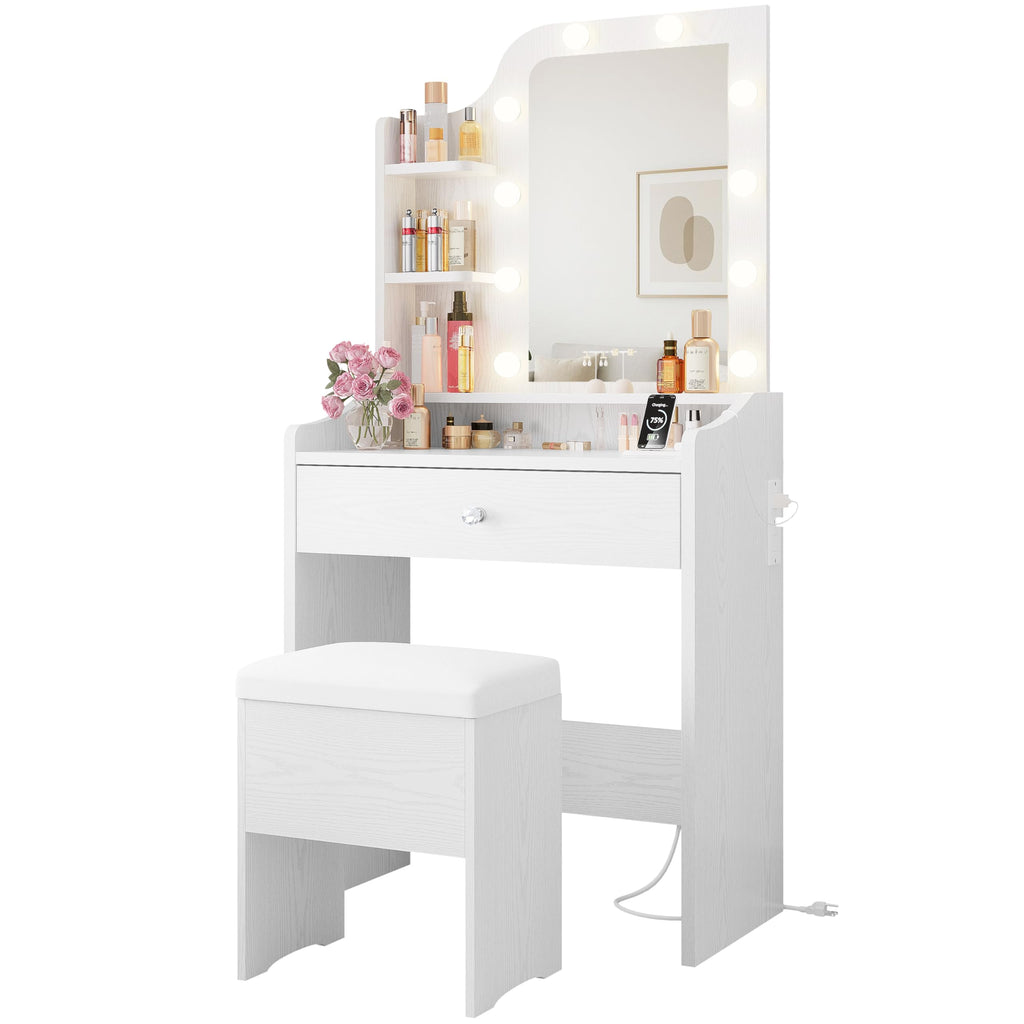 White Vanity Desk with Mirror and Storage Stool A8924