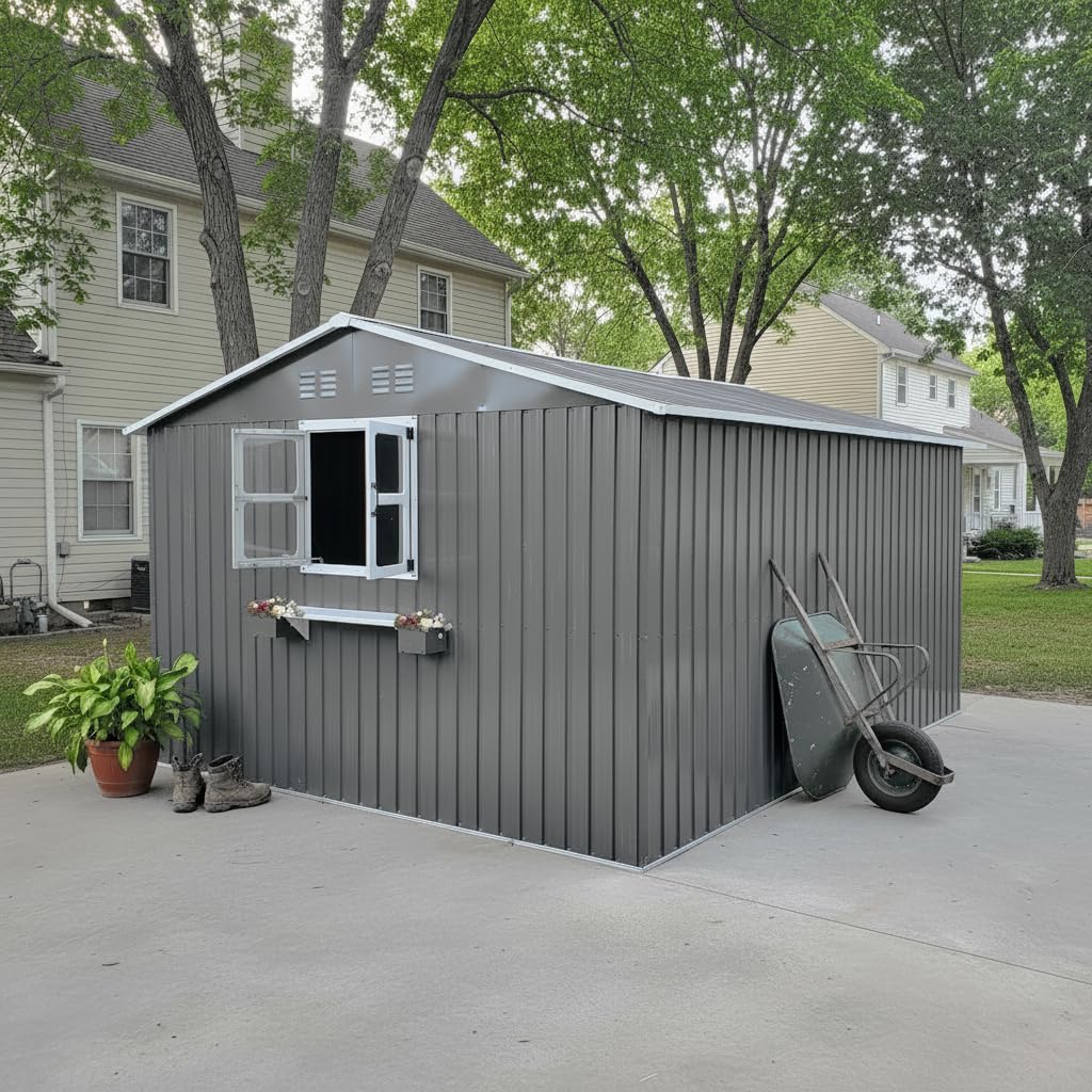 12x10 FT Grey Metal Storage Shed with Clear Windows E289