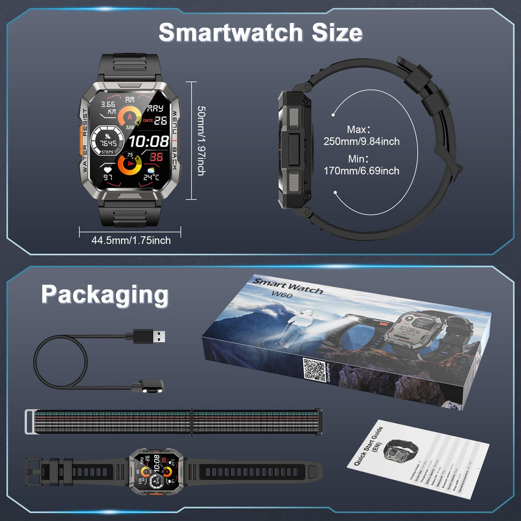 Smart Watch with Flashlight Compass Heart Rate SpO2 Sleep Monitor 2 Straps D3603