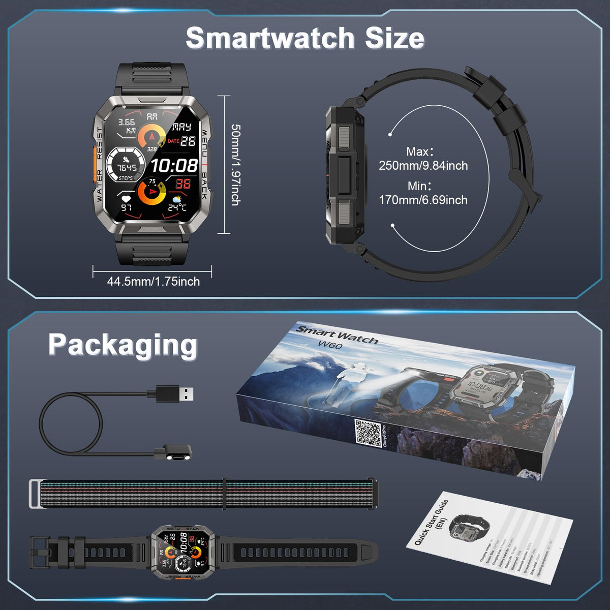 Smart Watch with Flashlight Compass Heart Rate SpO2 Sleep Monitor 2 Straps D3603