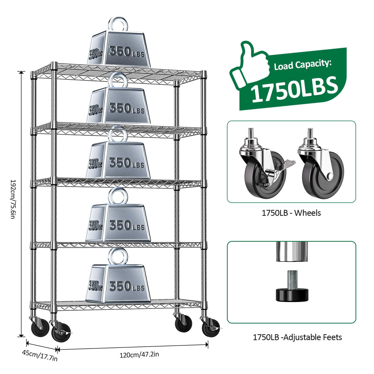 5-Tier Adjustable Steel Wire Shelving Unit with Wheels R889