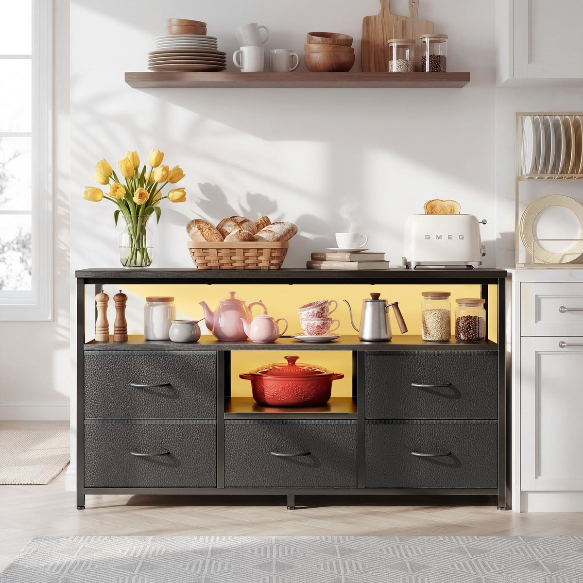 Black 5 Fabric Drawer Dresser TV Stand with LED Lights D315478