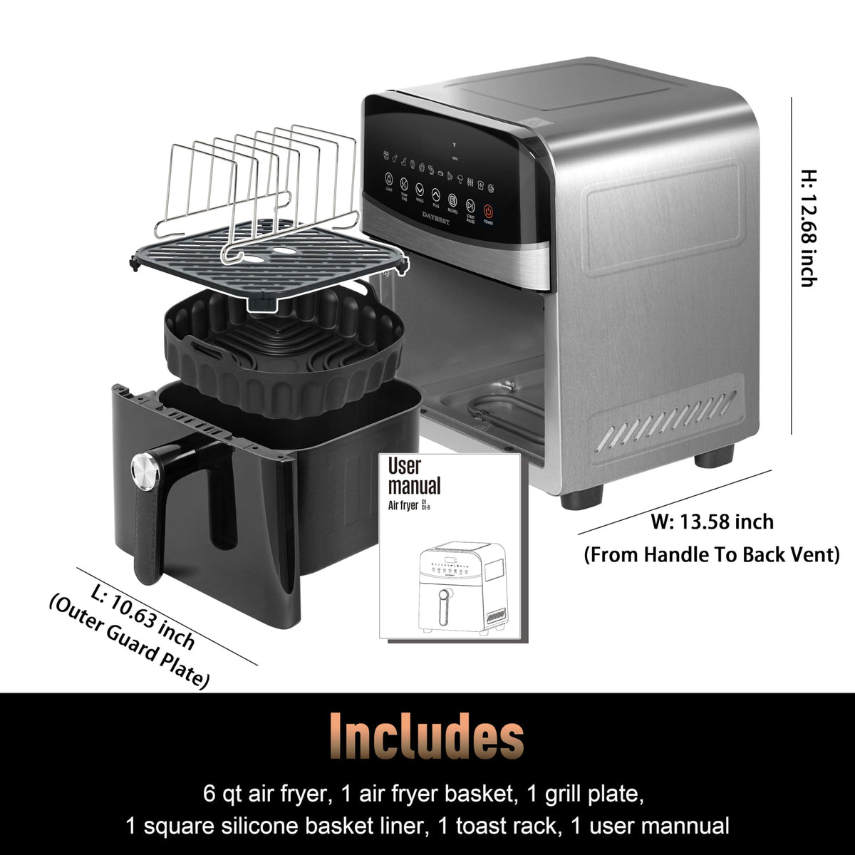 Stainless Steel Ceramic Coated 6QT Air Fryer L87686