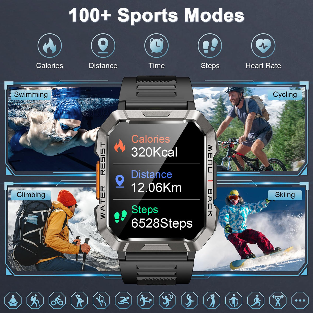 Smart Watch with Flashlight Compass Heart Rate SpO2 Sleep Monitor 2 Straps D3603