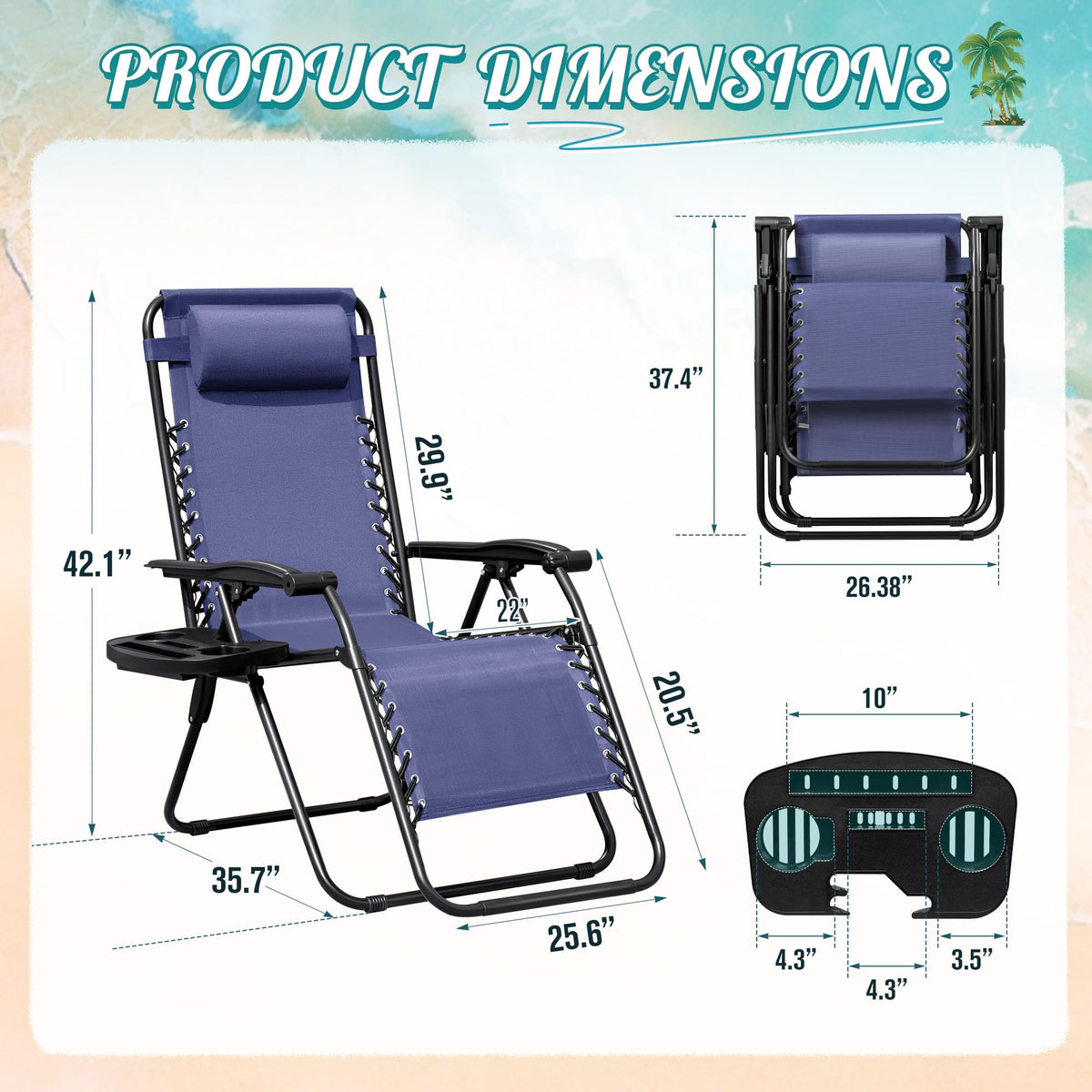 Zero Gravity Chair with Cup Holder Pillows Set of 2 Blue A739
