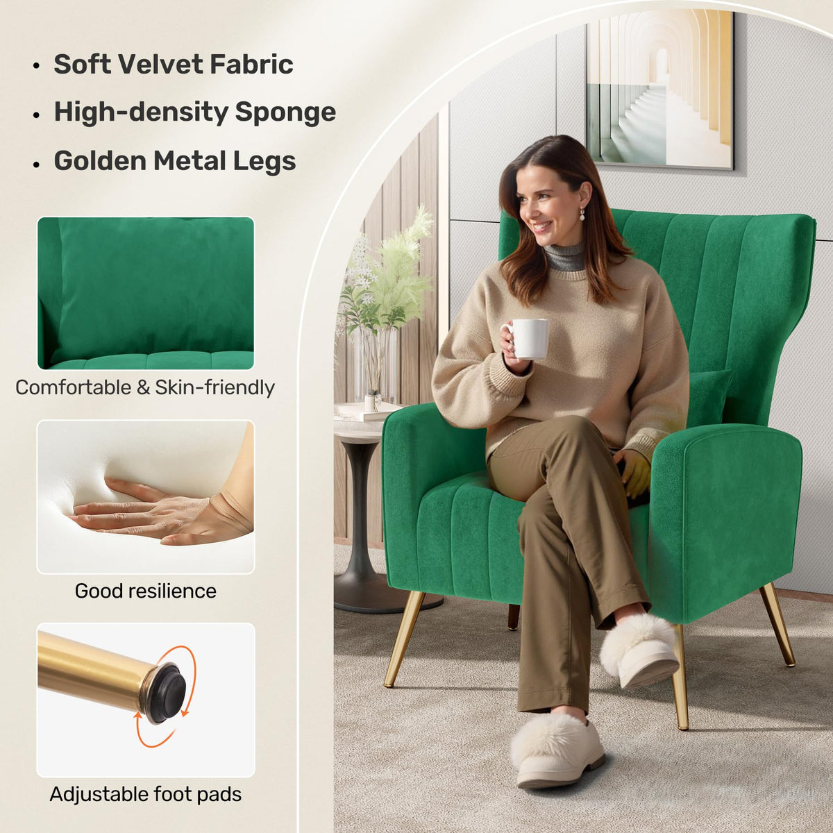 Velvet Accent Chairs Set of 2 High Back Armchair with Lumbar Pillow Green V50211