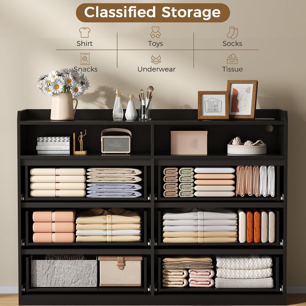 Black Dresser with LED Lights and Power Strip Y329811
