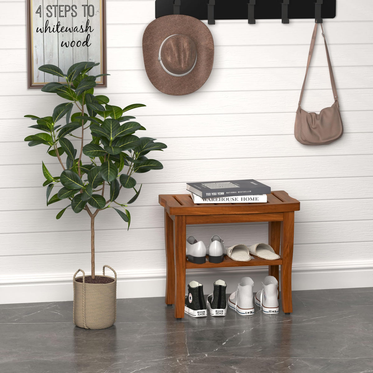 Teak Shower Bench Stool with Storage Shelf I625