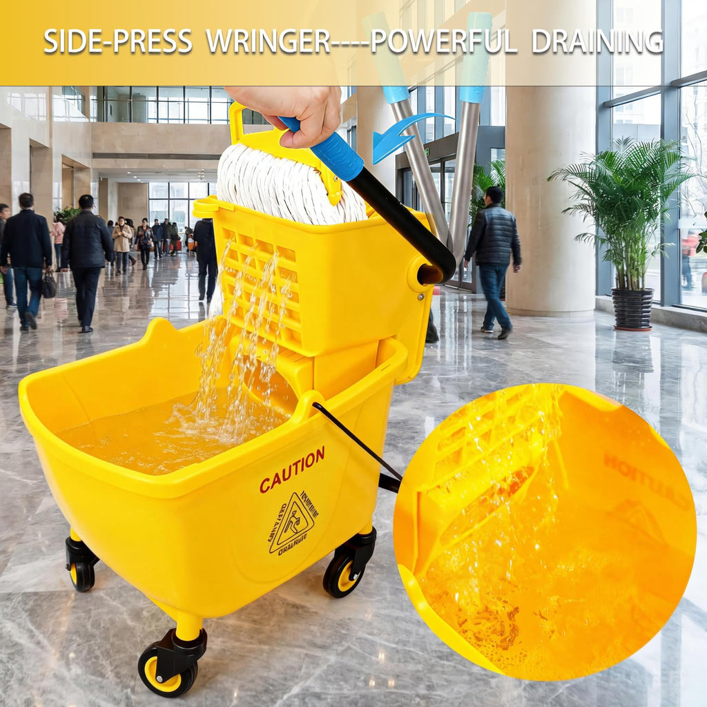 33 Qt Mop Bucket with Side-Press Wringer and Cotton Mop I718
