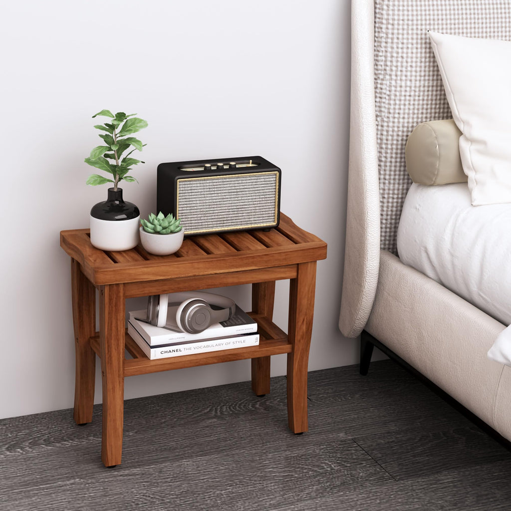 Teak Shower Bench Stool with Storage Shelf I625