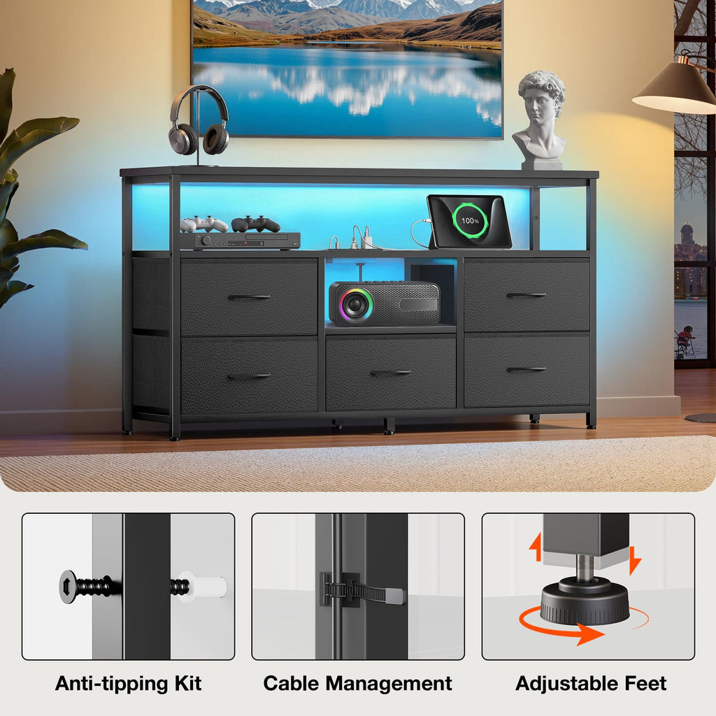 Black 5 Fabric Drawer Dresser TV Stand with LED Lights D315478
