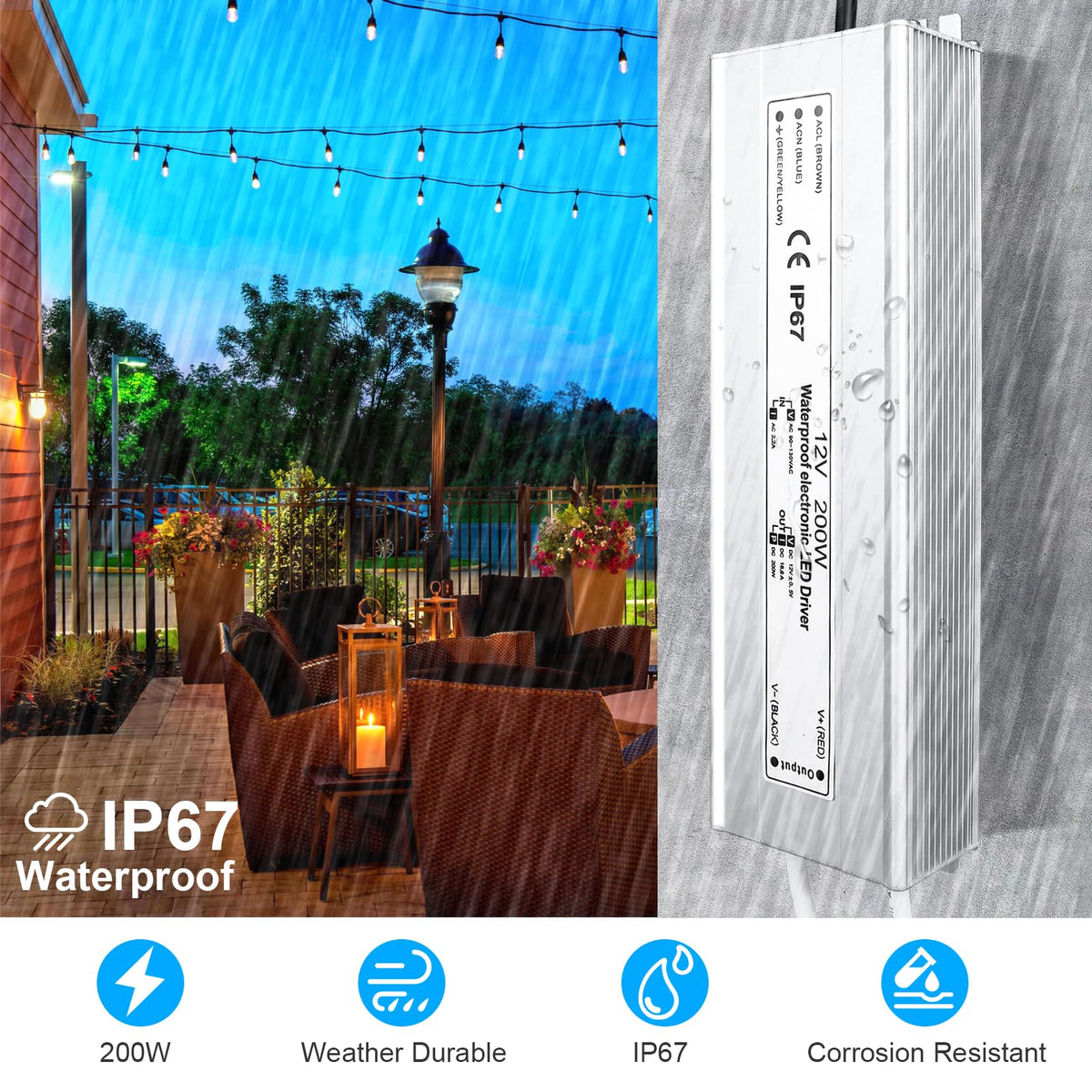 200 Watts Waterproof IP67 LED Driver 12V DC Power Supply P359