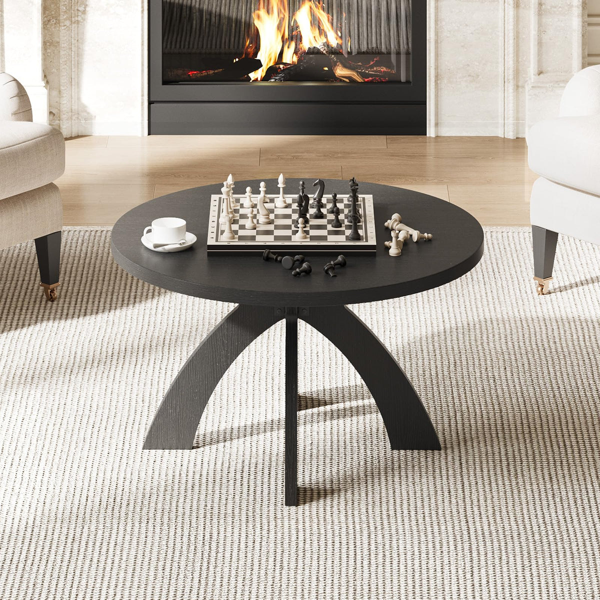 31.5" Round Wood Coffee Table with Cross Legs, Black L60212