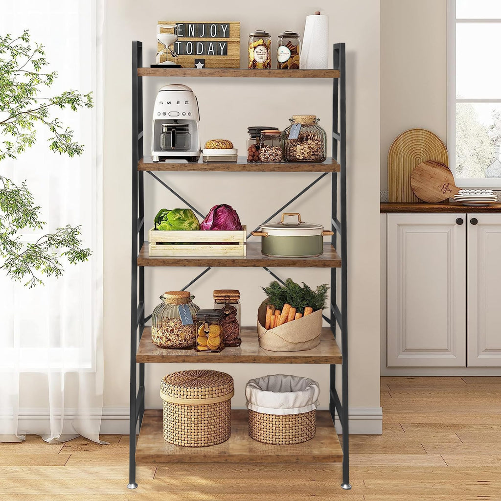 5 Tier Rustic Brown Wood and Metal Bookshelf P105928