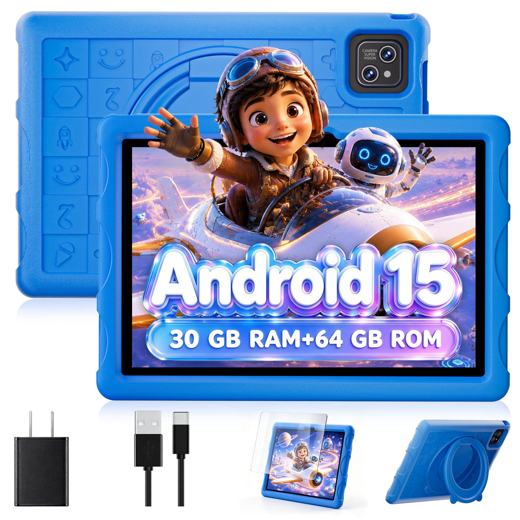 10.1 inch Android 15 Tablet with Drop-proof Case Blue H3933