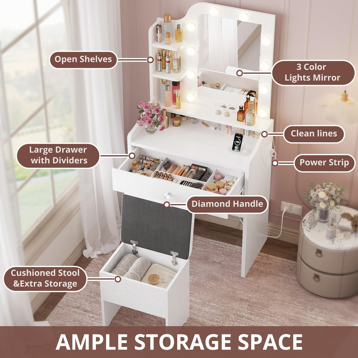 White Vanity Desk with Mirror and Storage Stool A8924