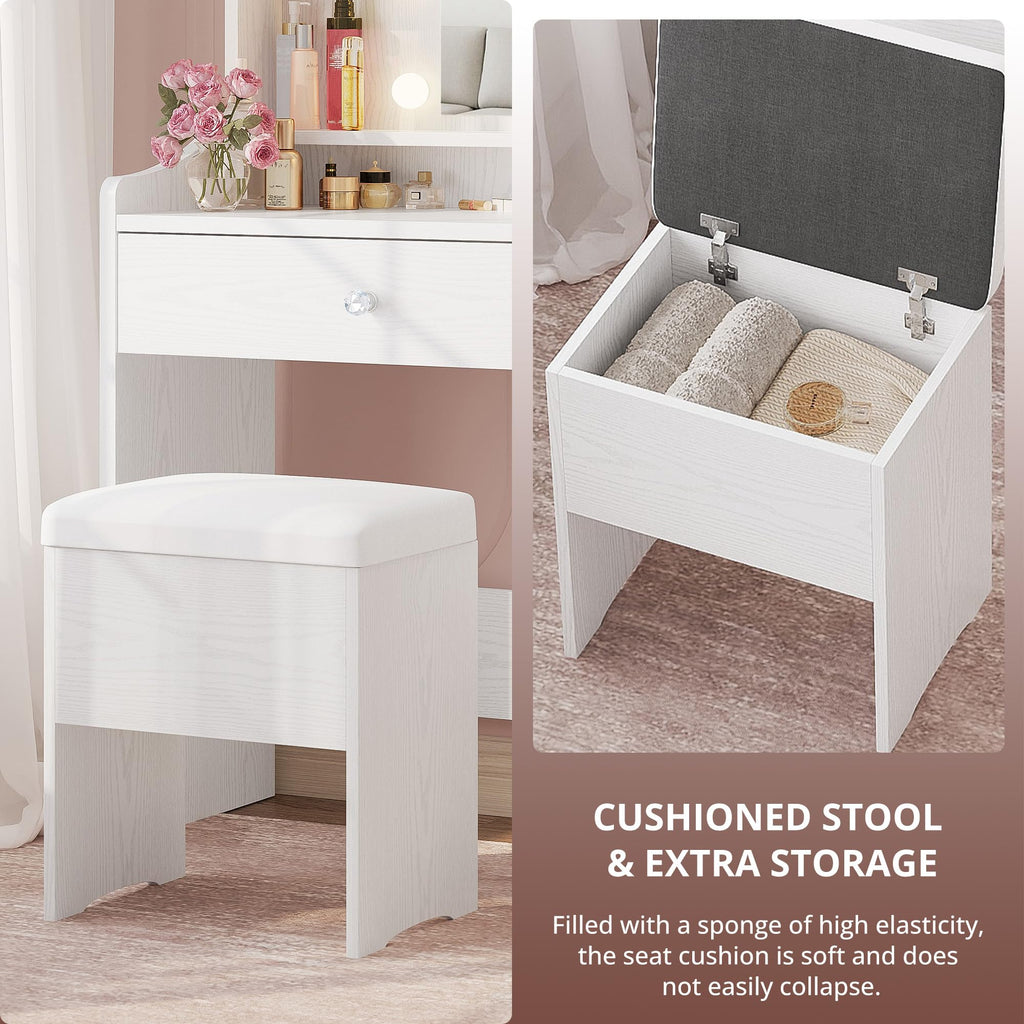 White Vanity Desk with Mirror and Storage Stool A8924