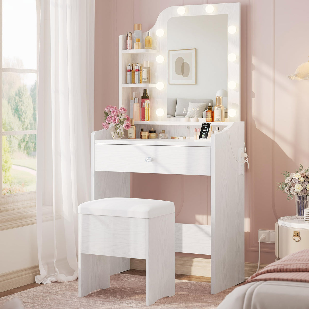 White Vanity Desk with Mirror and Storage Stool A8924