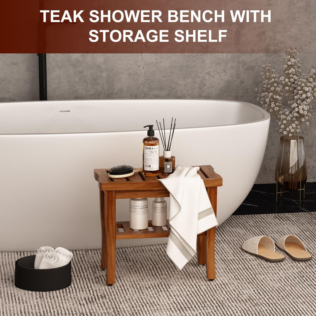 Teak Shower Bench Stool with Storage Shelf I625