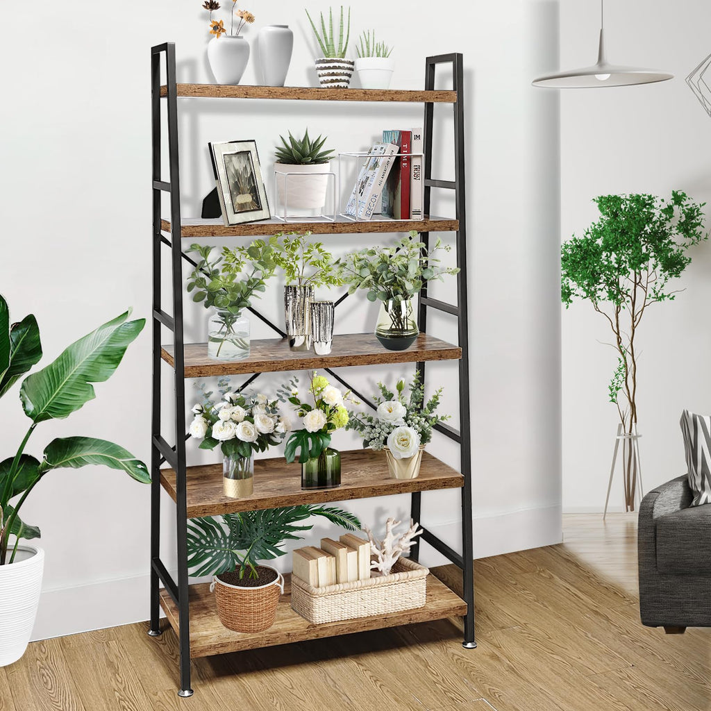 5 Tier Rustic Brown Wood and Metal Bookshelf P105928