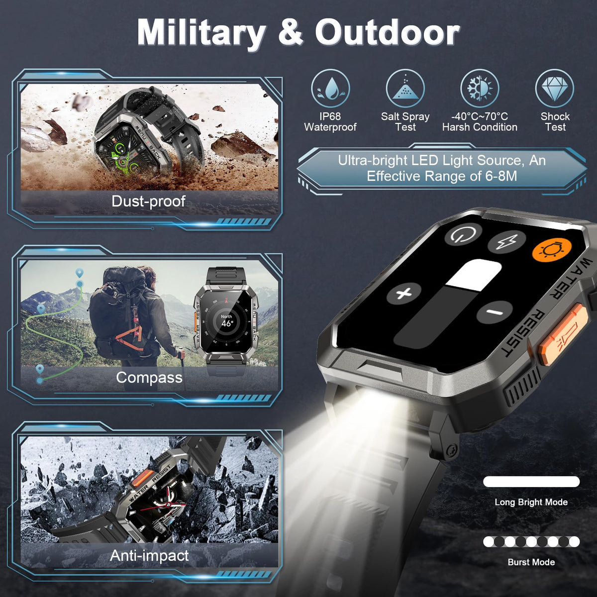 Smart Watch with Flashlight Compass Heart Rate SpO2 Sleep Monitor 2 Straps D3603