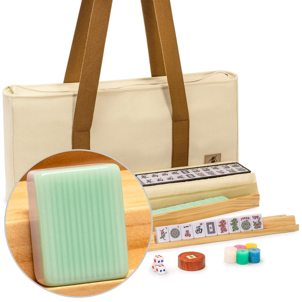 166 Tiles Mahjong Set with Wooden Racks & Pushers, Dice, and Soft Beige Case O9885