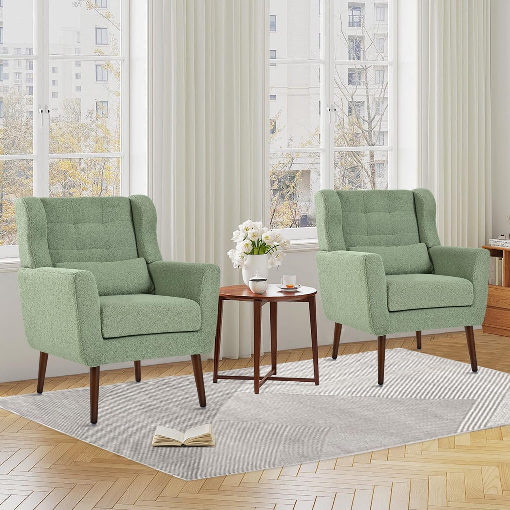 Green Teddy Upholstered Armchair Set of 2 with Lumbar Pillow E5506